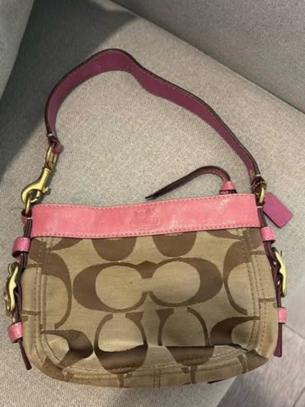 Coach Pink Trim Brown Signature Mini Shoulder Bag
